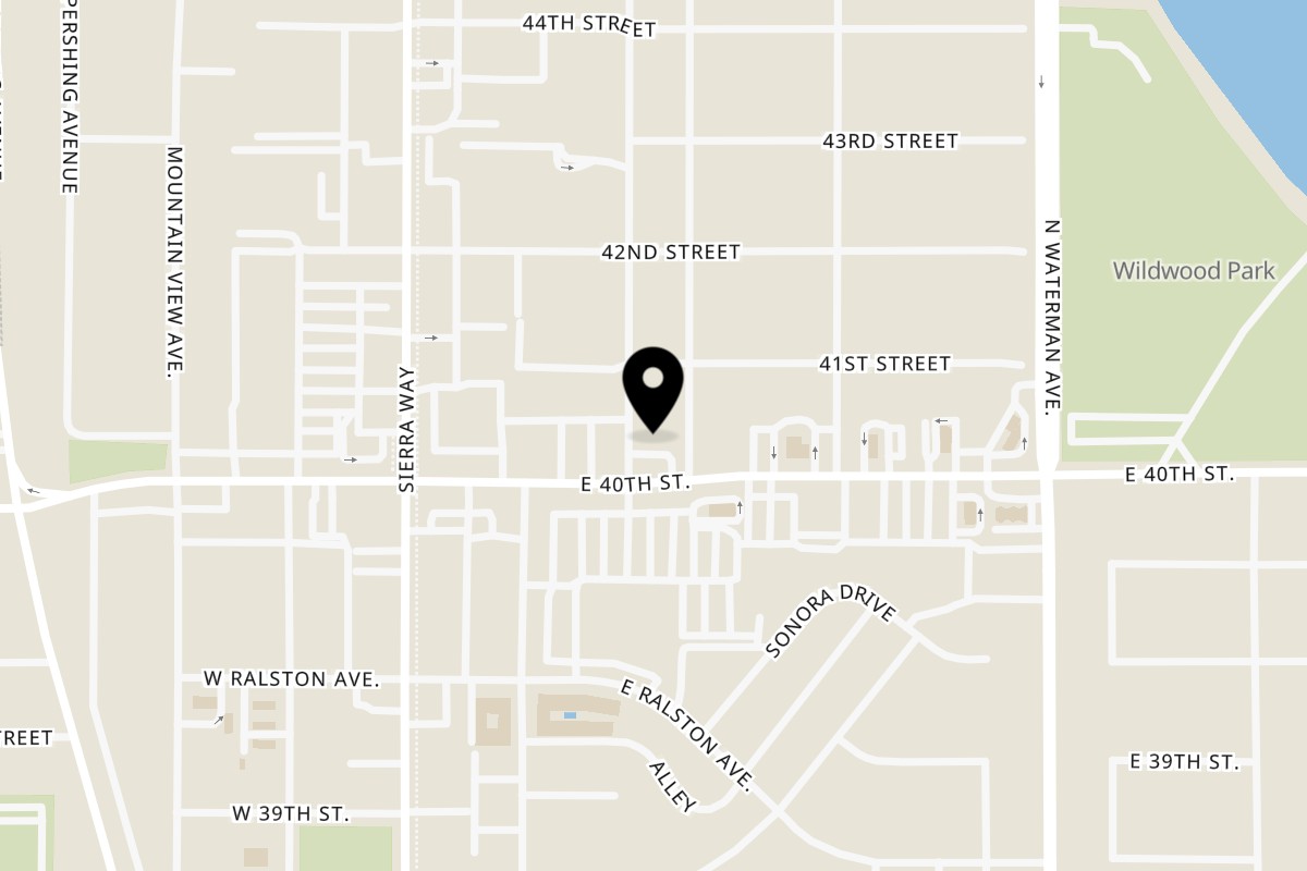 Map showing the location of Bobo's Pizza on 202 E 40th St Ste E in San Bernardino